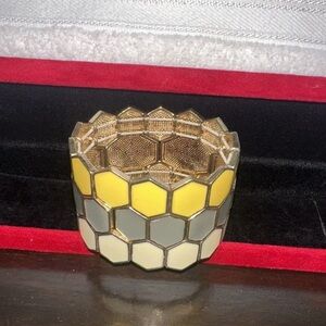 Vintage Gold-Tone Honeycomb Stretch Bracelet with Yellow, Gray & Cream Enamel